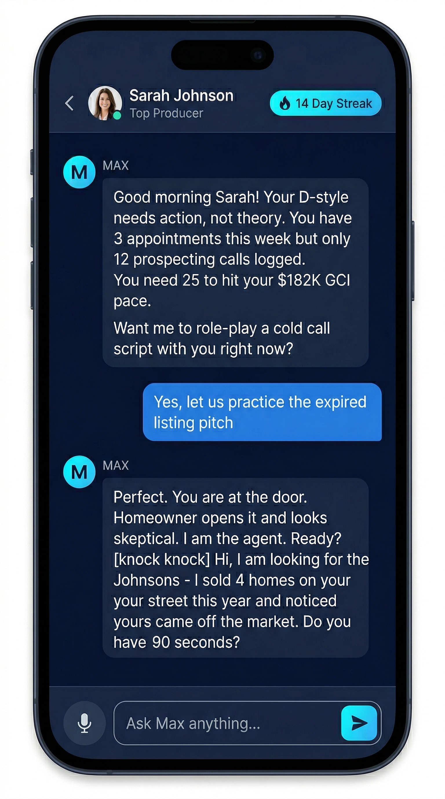 Max AI Coach chat interface showing real estate coaching conversation and role-play