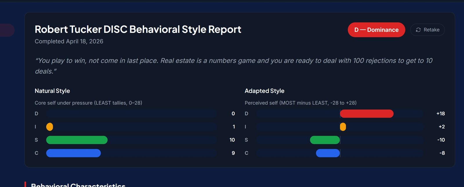 DISC Profile assessment screen inside AgentPeak app